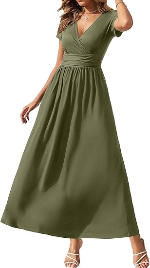Women's Summer Dresses 2026 Short Sleeve Maxi Dress Casual V Neck Flowy Sundress with Pockets