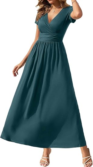Women's Summer Dresses 2026 Short Sleeve Maxi Dress Casual V Neck Flowy Sundress with Pockets