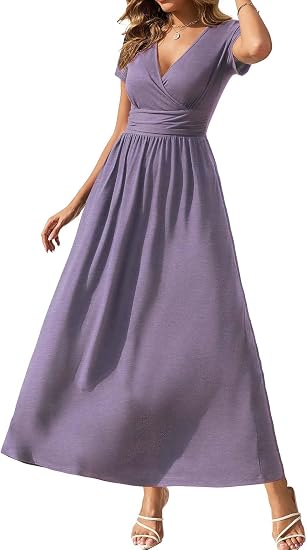 Women's Summer Dresses 2026 Short Sleeve Maxi Dress Casual V Neck Flowy Sundress with Pockets