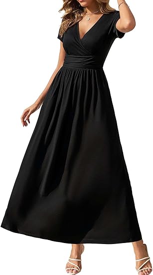 Women's Summer Dresses 2026 Short Sleeve Maxi Dress Casual V Neck Flowy Sundress with Pockets