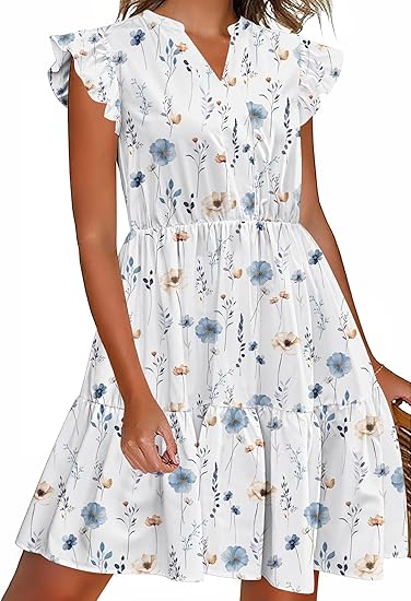 Women Printed Dress for Summer Short Ruffle Sleeve Dress Tiered Mini Dress with Pockets