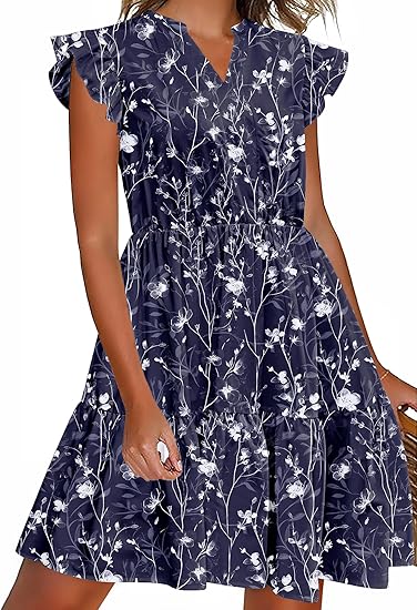 Women Printed Dress for Summer Short Ruffle Sleeve Dress Tiered Mini Dress with Pockets