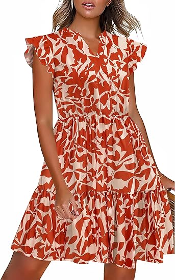 Women Printed Dress for Summer Short Ruffle Sleeve Dress Tiered Mini Dress with Pockets