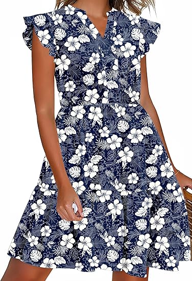 Women Printed Dress for Summer Short Ruffle Sleeve Dress Tiered Mini Dress with Pockets